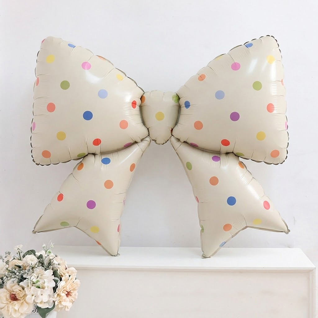 은박 리본풍선 75cm [레인보우도트 크림]